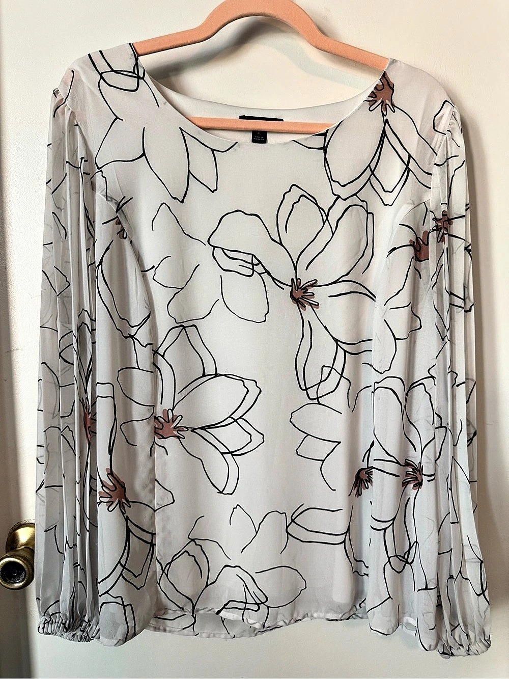 Alfani XL White Floral Sheer Sleeve Lined Blouse
